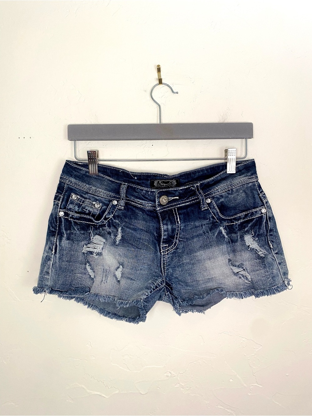 Shyanne Size 27 Distressed Dark Blue Denim Jean Shorts Western Embroidered Jean